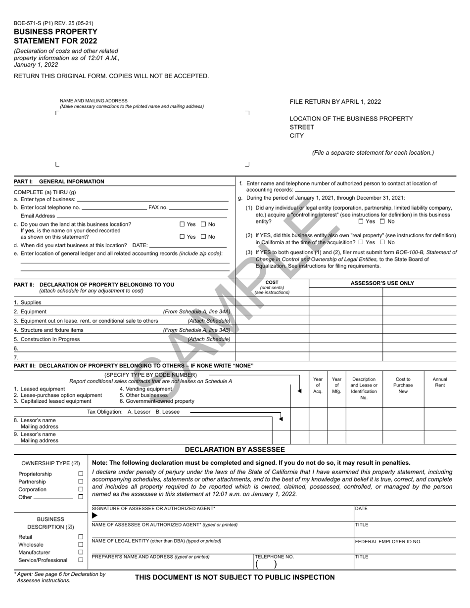 Form BOE-571-S Business Property Statement - Short Form - Sample - California, Page 1
