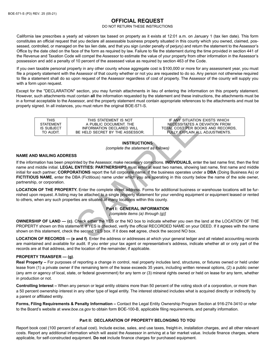 Form BOE-571-S Business Property Statement - Short Form - Sample - California, Page 3