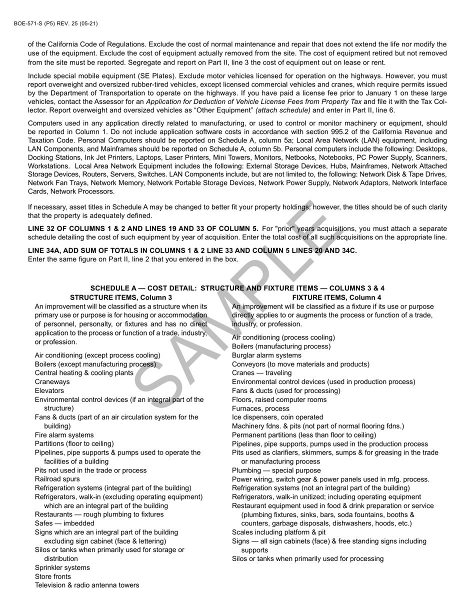 Form BOE-571-S Business Property Statement - Short Form - Sample - California, Page 5