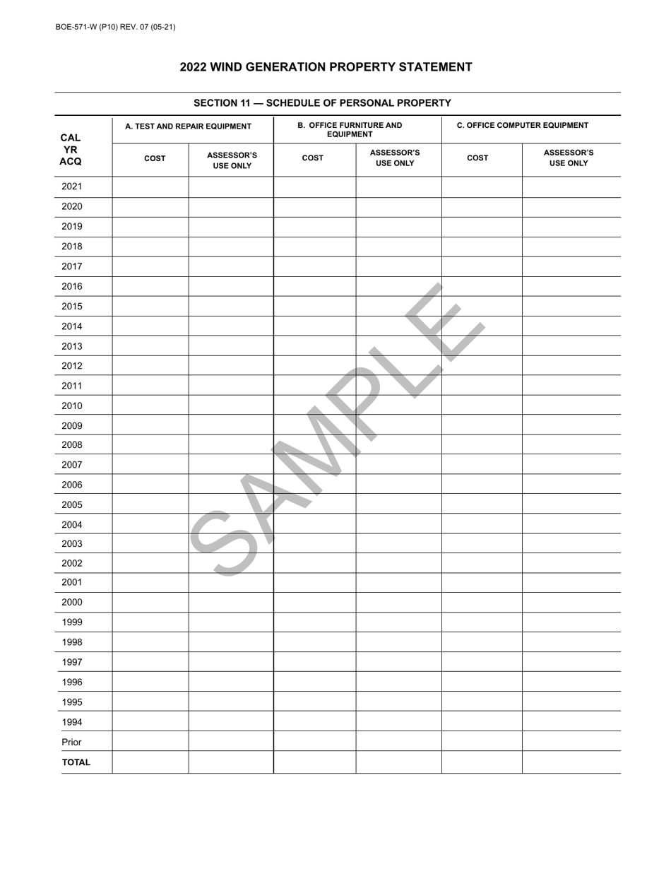 Form BOE-571-W Wind Generation Property Statement - Sample - California, Page 10