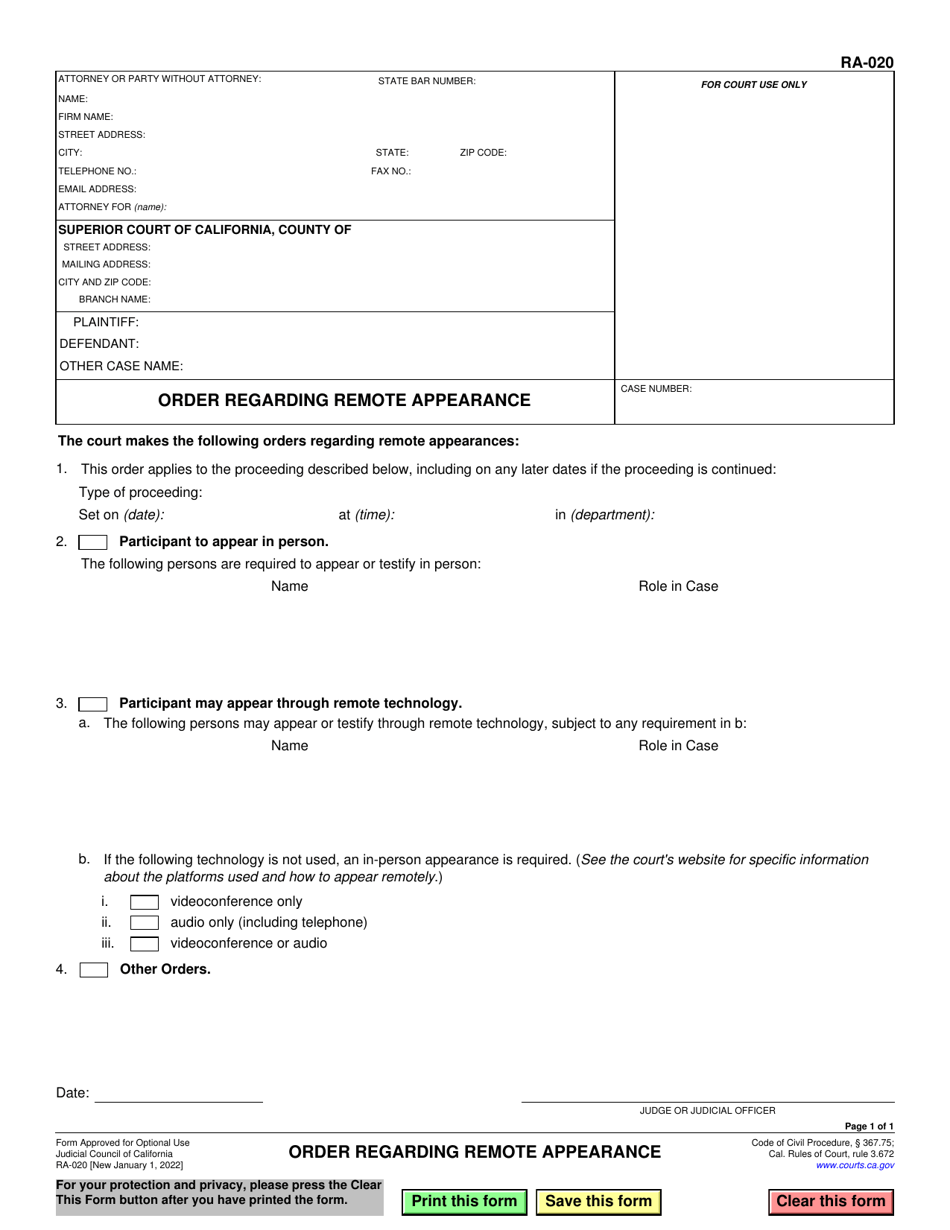 Form RA-020 Order Regarding Remote Appearance - California, Page 1