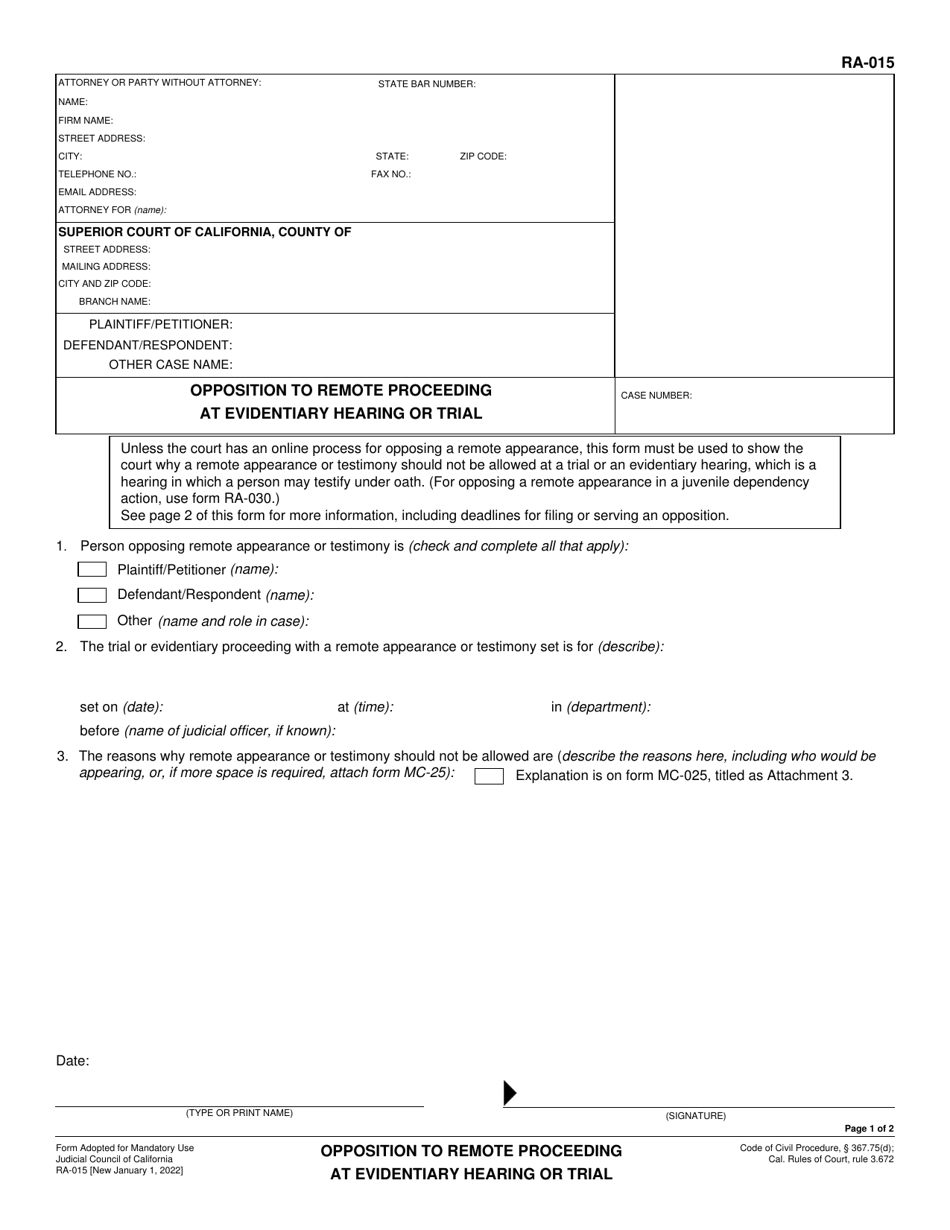 Form RA-015 Opposition to Remote Proceeding at Evidentiary Hearing or Trial - California, Page 1