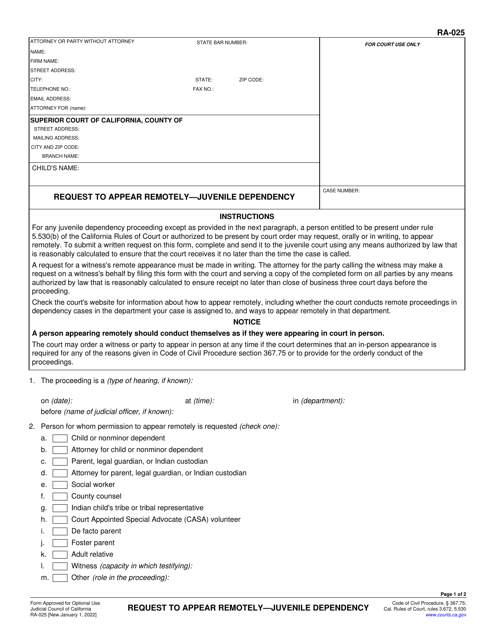 Form RA-025 Request to Appear Remotely - Juvenile Dependency - California