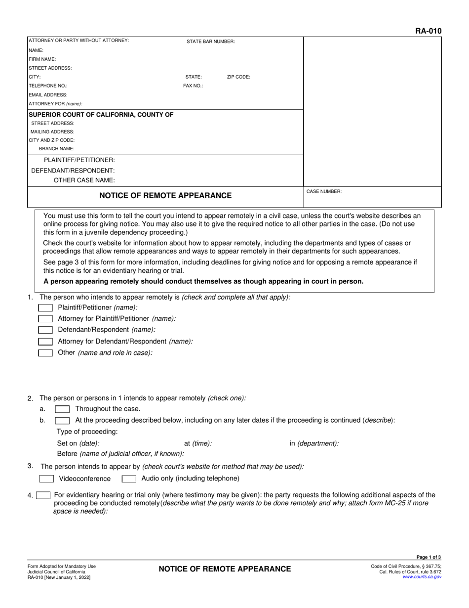 Form RA-010 Notice of Remote Appearance - California, Page 1