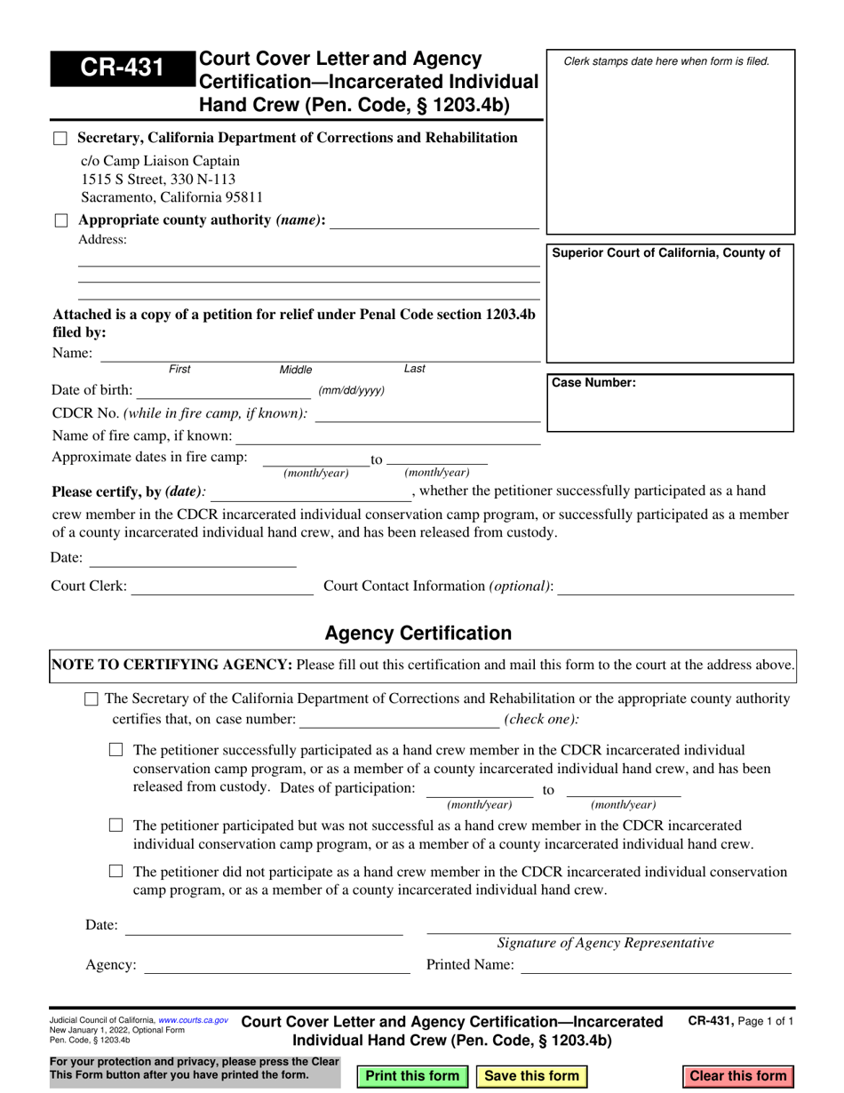 Form CR-431 Court Cover Letter and Agency Certification - Incarcerated Individual Hand Crew (Pen. Code, 1203.4b) - California, Page 1
