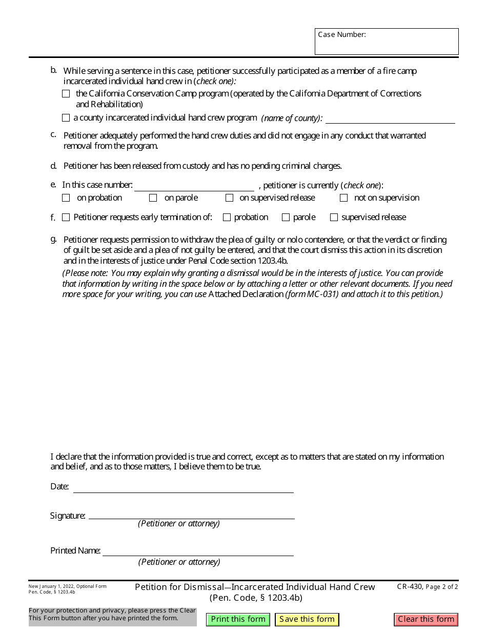 Form CR-430 Petition for Dismissal - Incarcerated Individual Hand Crew (Pen. Code, 1203.4b) - California, Page 2