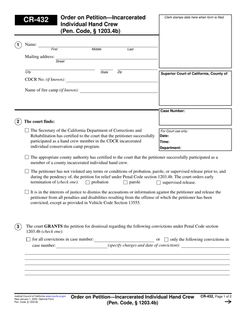 Form CR-432 Order on Petition - Incarcerated Individual Hand Crew (Pen. Code, 1203.4b) - California