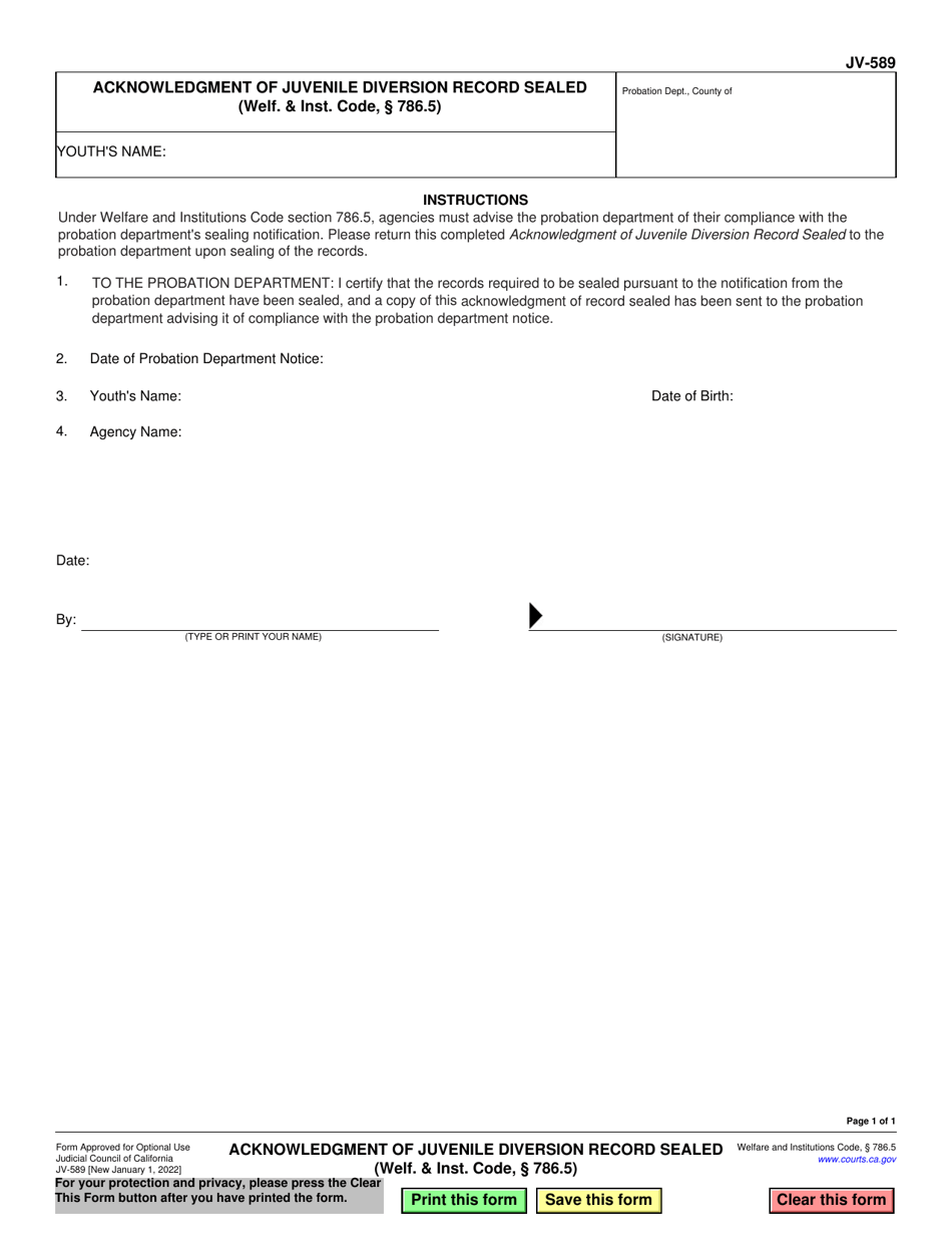Form JV-589 Acknowledgment of Juvenile Diversion Record Sealed (Welf.  Inst. Code, 786.5) - California, Page 1