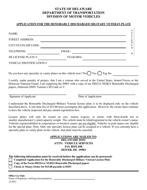 Application for the Honorably Discharged Military Veteran Plate - Delaware Download Pdf