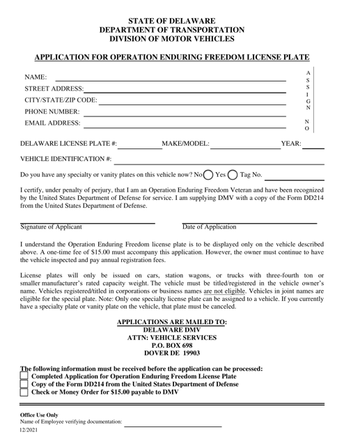 Application for Operation Enduring Freedom License Plate - Delaware Download Pdf