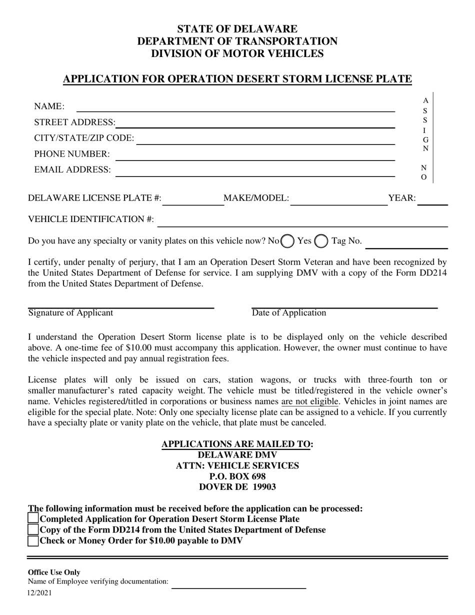 Application for Operation Desert Storm License Plate - Delaware, Page 1