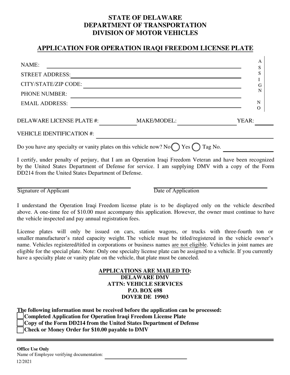 Application for Operation Iraqi Freedom License Plate - Delaware, Page 1