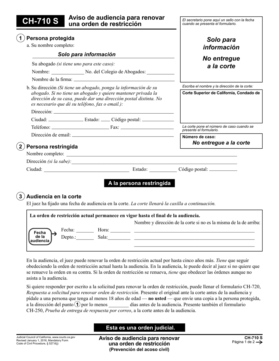 Formulario CH-710 Aviso De Audiencia Para Renovar Una Orden De Restriccion - California (Spanish), Page 1