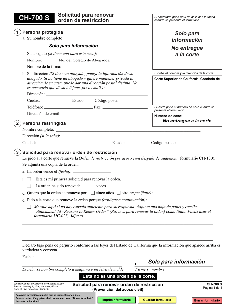 Formulario CH-700 Solicitud Para Renovar Orden De Restriccion - California (Spanish), Page 1