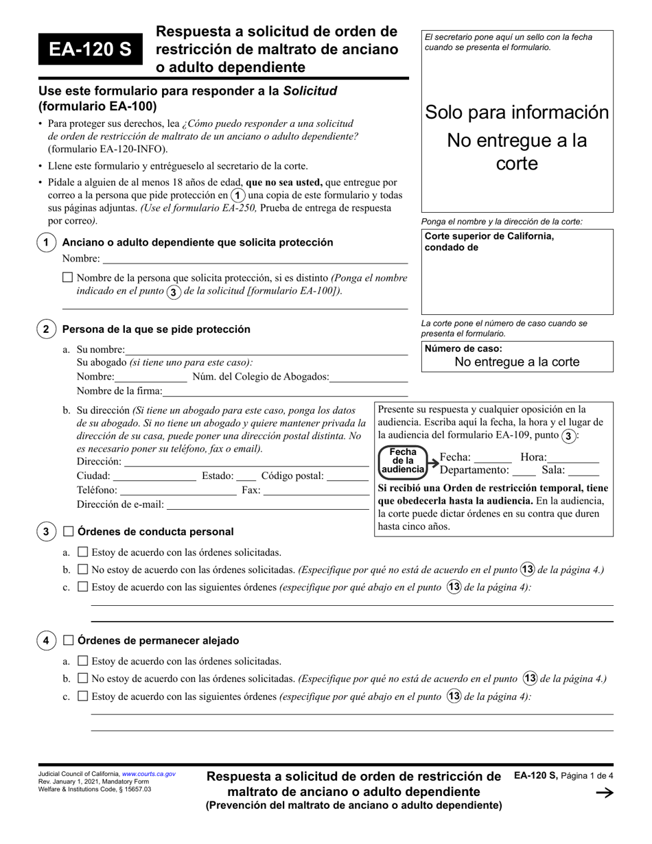 Formulario EA-120 Respuesta a Solicitud De Orden De Restriccion De Maltrato De Anciano O Adulto Dependiente - California (Spanish), Page 1