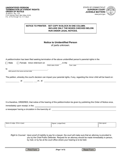 Form JD-JM-61A Unidentified Person/Termination of Parent Rights Order of Notice - Connecticut