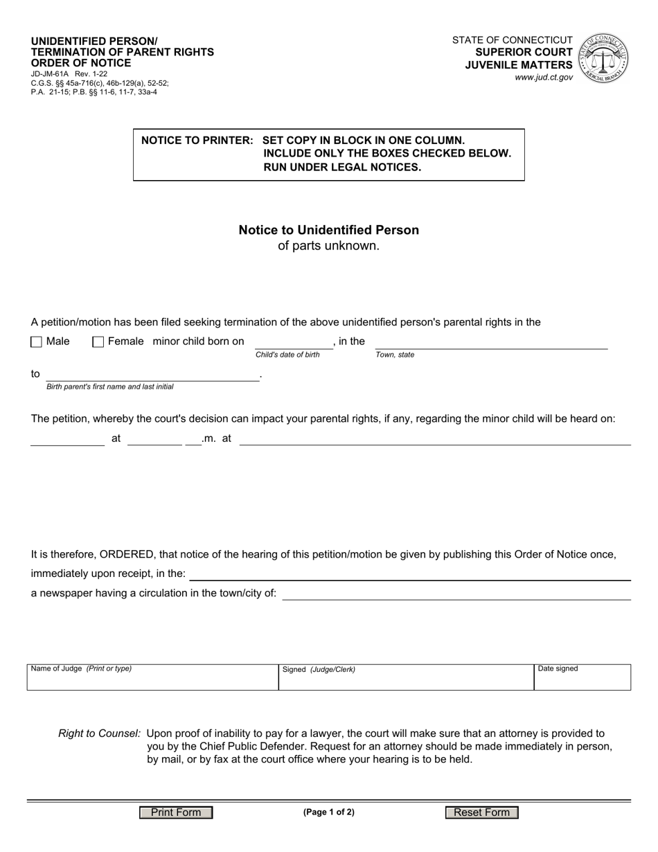 Form JD-JM-61A Unidentified Person / Termination of Parent Rights Order of Notice - Connecticut, Page 1