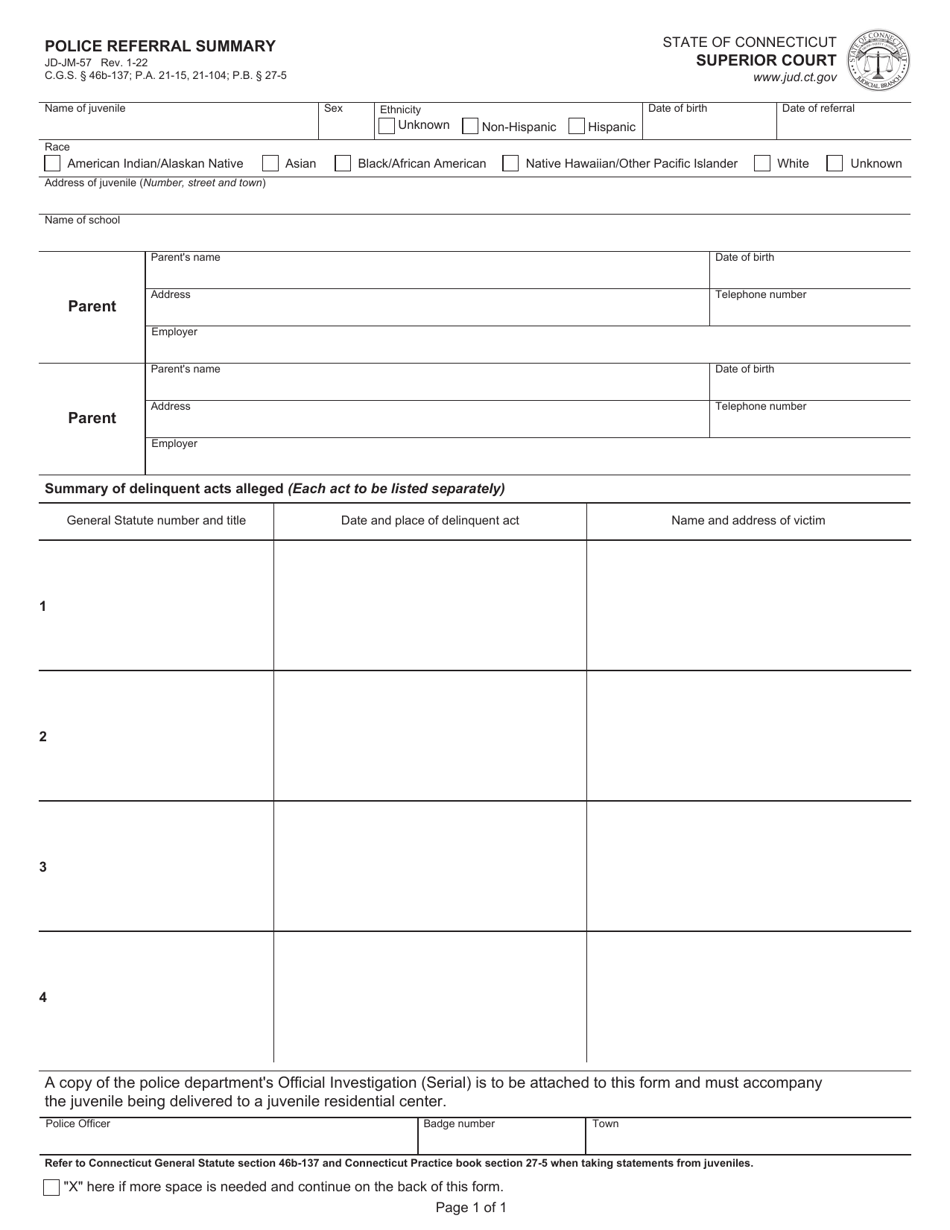 Form JD-JM-57 Police Referral Summary - Connecticut, Page 1