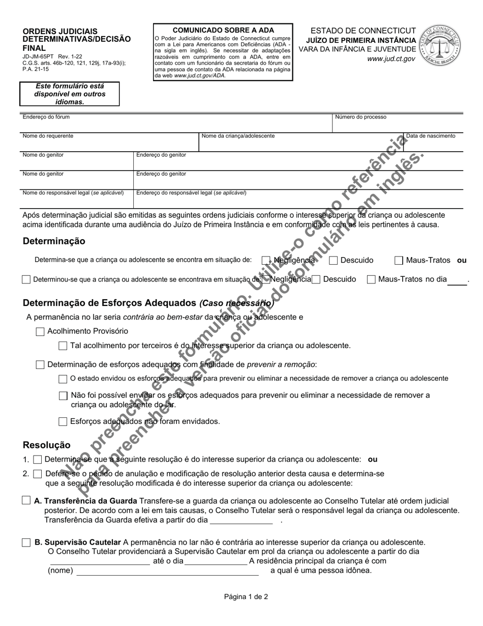 Form JD-JM-65PT Adjudicatory / Dispositional Orders - Connecticut (Portuguese), Page 1