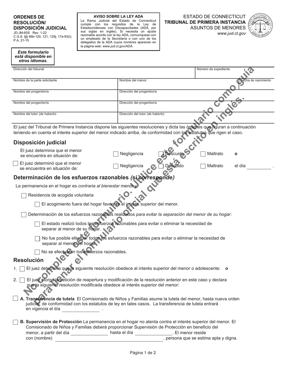 Formulario JD-JM-65S Ordenes De Resolucion / Disposicion Judicial - Connecticut (Spanish), Page 1