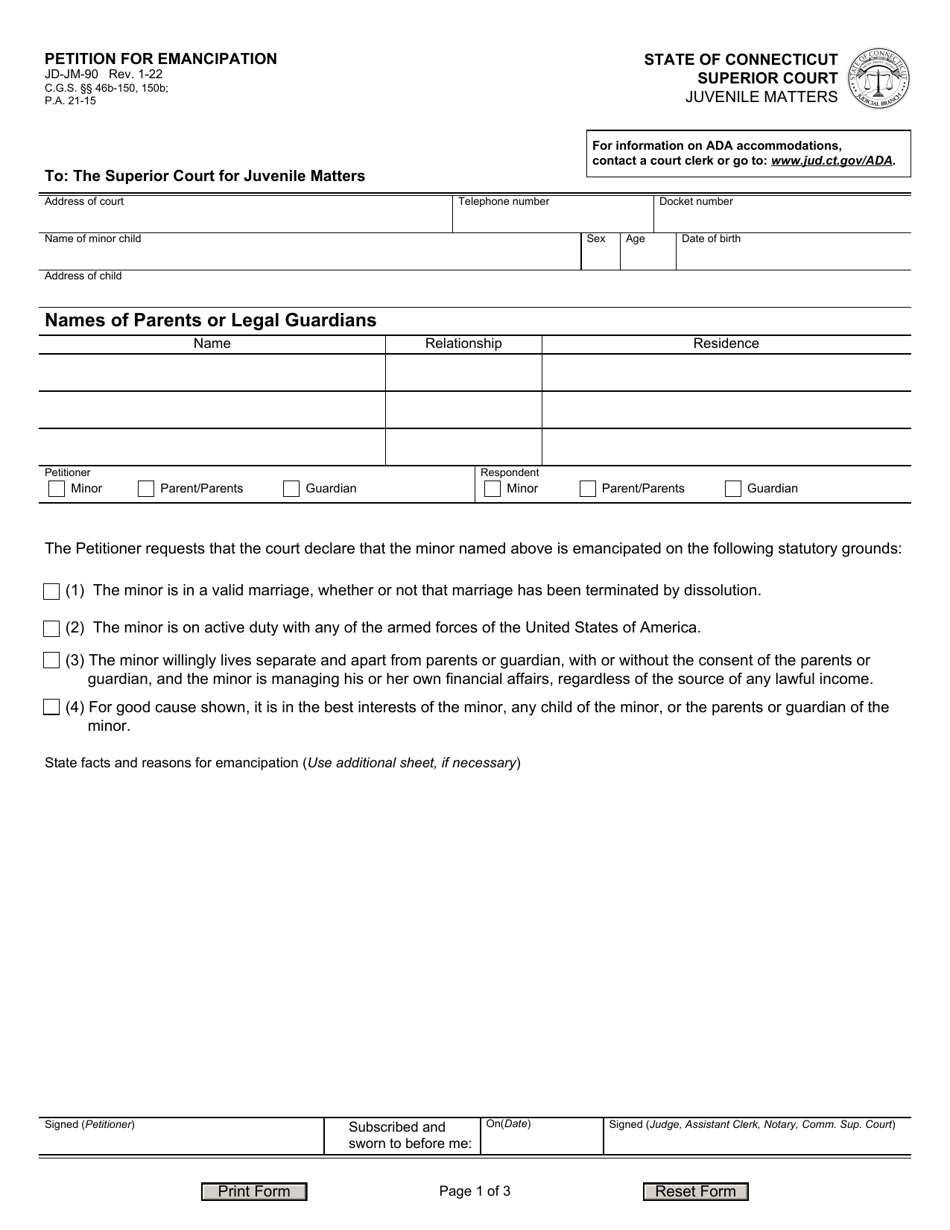Form JD-JM-90 Petition for Emancipation - Connecticut, Page 1