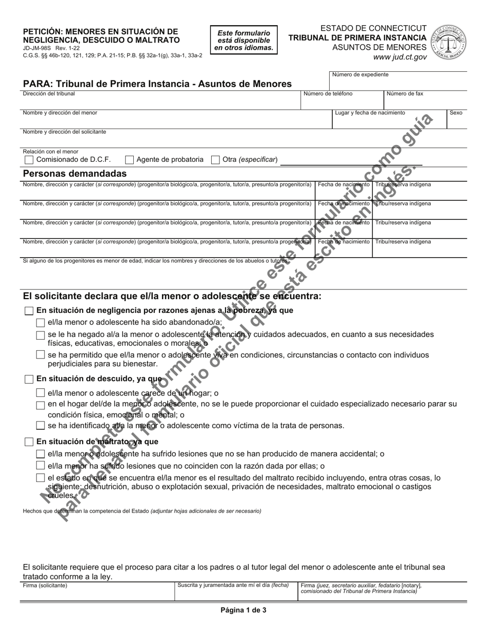 Formulario JD-JM-98S Peticion: Menores En Situacion De Negligencia, Descuido O Maltrato - Connecticut (Spanish), Page 1