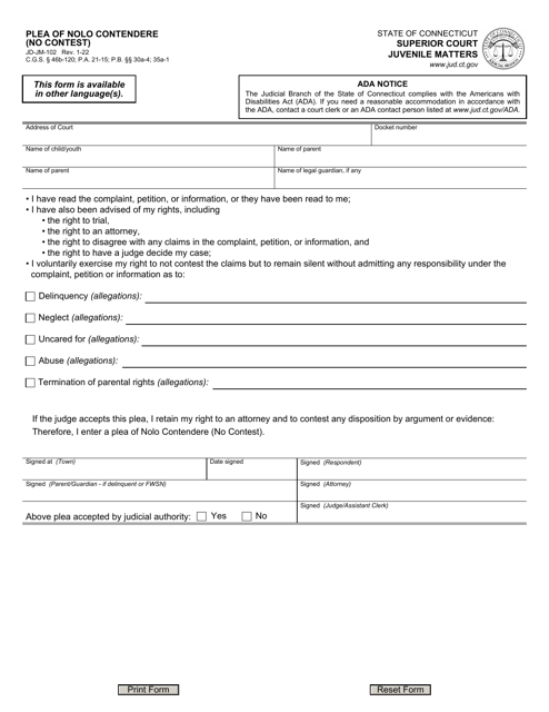 Form JD-JM-102 Plea of Nolo Contendere (No Contest) - Connecticut