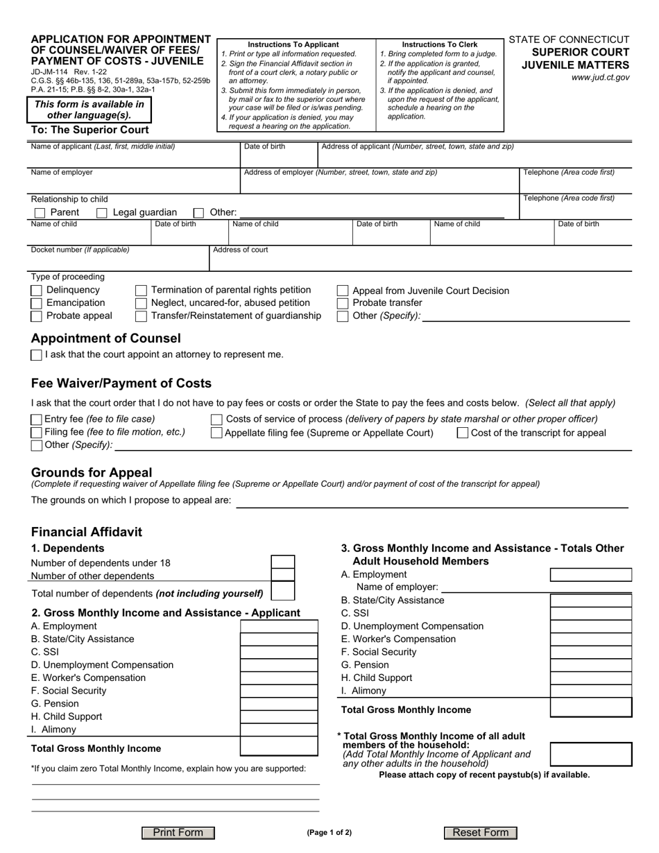 Form JD-JM-114 Application for Appointment of Counsel / Waiver of Fees / Payment of Costs - Juvenile - Connecticut, Page 1