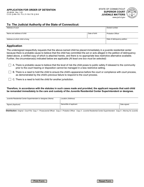 Form JD-JM-9A Application for Order of Detention - Connecticut