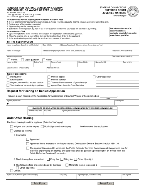 Form JD-JM-114A Request for Hearing, Denied Application for Counsel or Waiver of Fees - Juvenile - Connecticut
