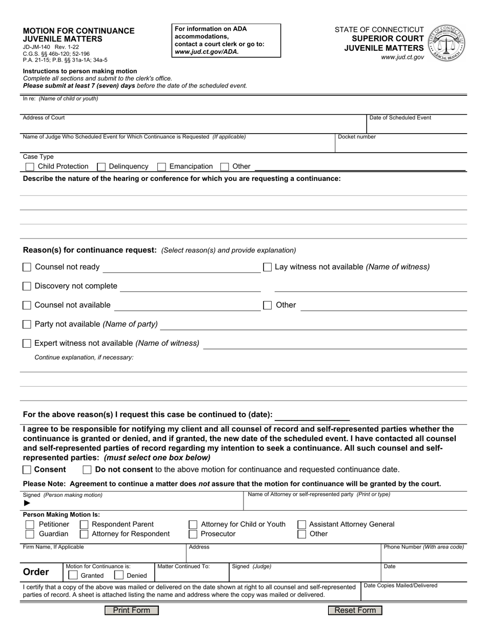 Form JD-JM-140 Motion for Continuance - Juvenile Matters - Connecticut, Page 1