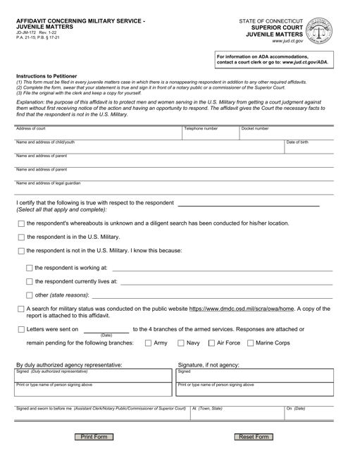 Form JD-JM-172 Affidavit Concerning Military Service - Juvenile Matters - Connecticut