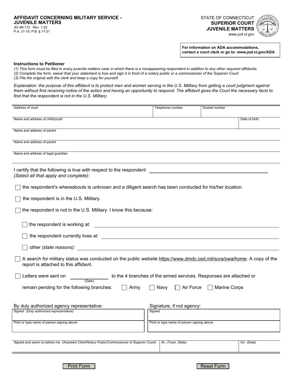 Form JD-JM-172 Affidavit Concerning Military Service - Juvenile Matters - Connecticut, Page 1