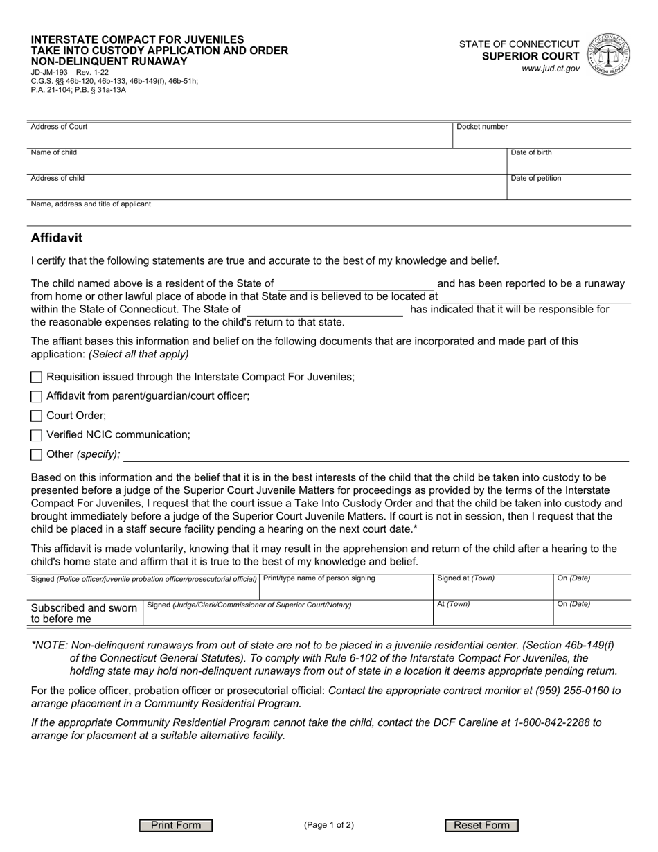 Form JD-JM-193 Interstate Compact for Juveniles Take Into Custody Application and Order Non-delinquent Runaway - Connecticut, Page 1