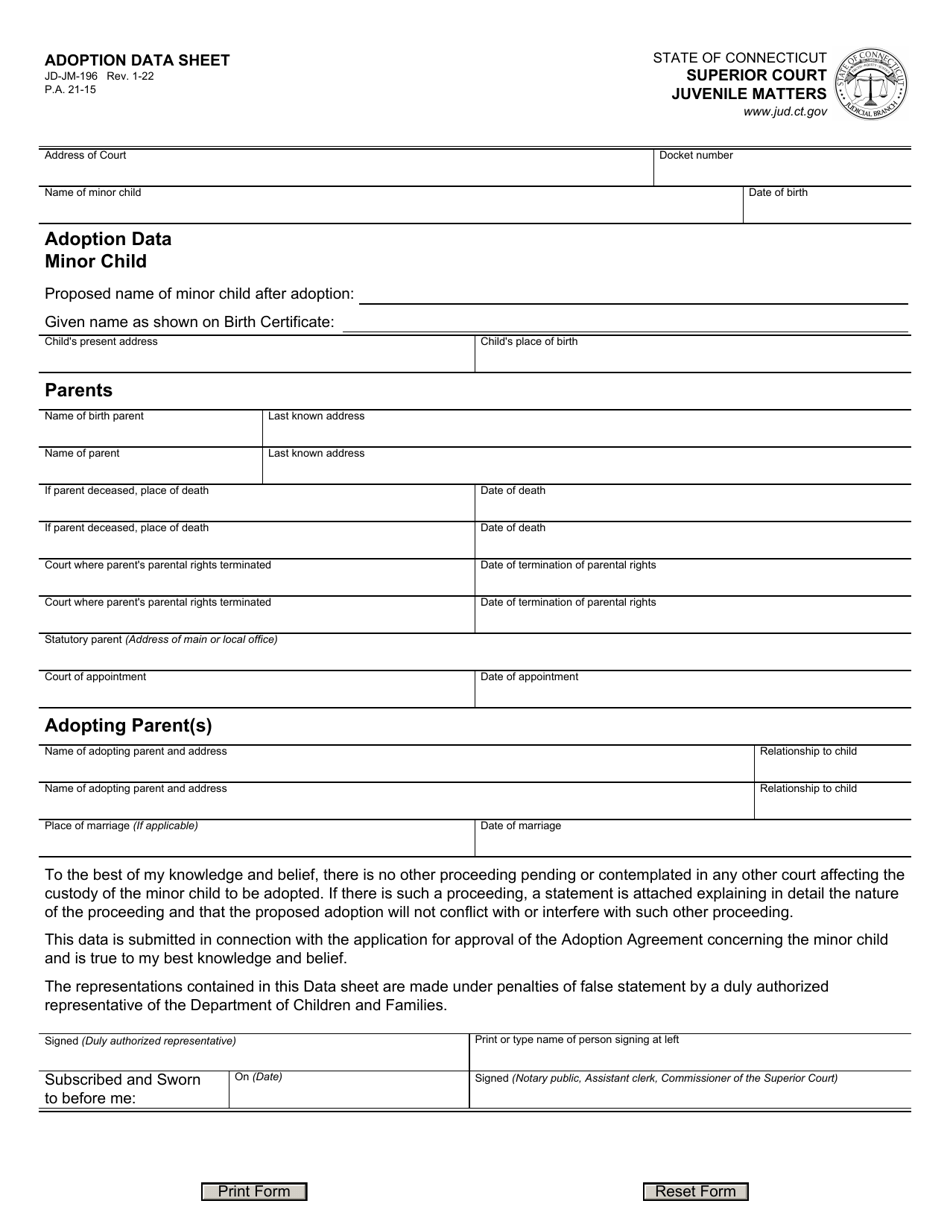 Form JD-JM-196 Download Fillable PDF or Fill Online Adoption Data Sheet ...