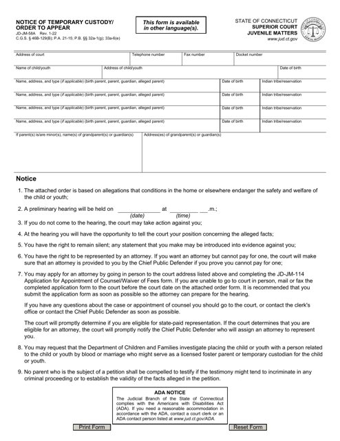 Form JD-JM-58A Notice of Temporary Custody/Order to Appear - Connecticut