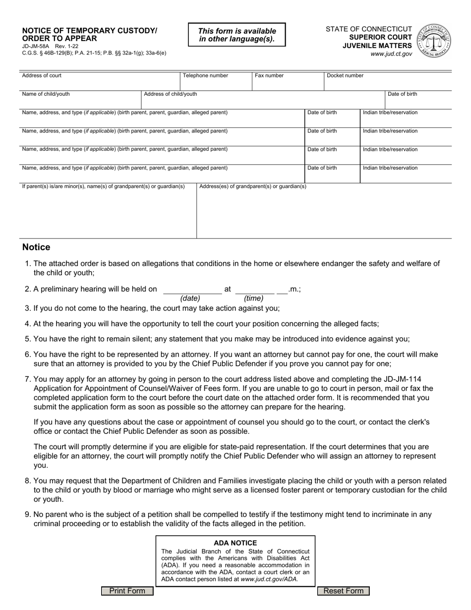 Form JD-JM-58A Notice of Temporary Custody / Order to Appear - Connecticut, Page 1