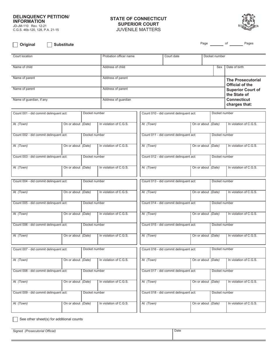 Form JD-JM-110 Delinquency Petition / Information - Connecticut, Page 1