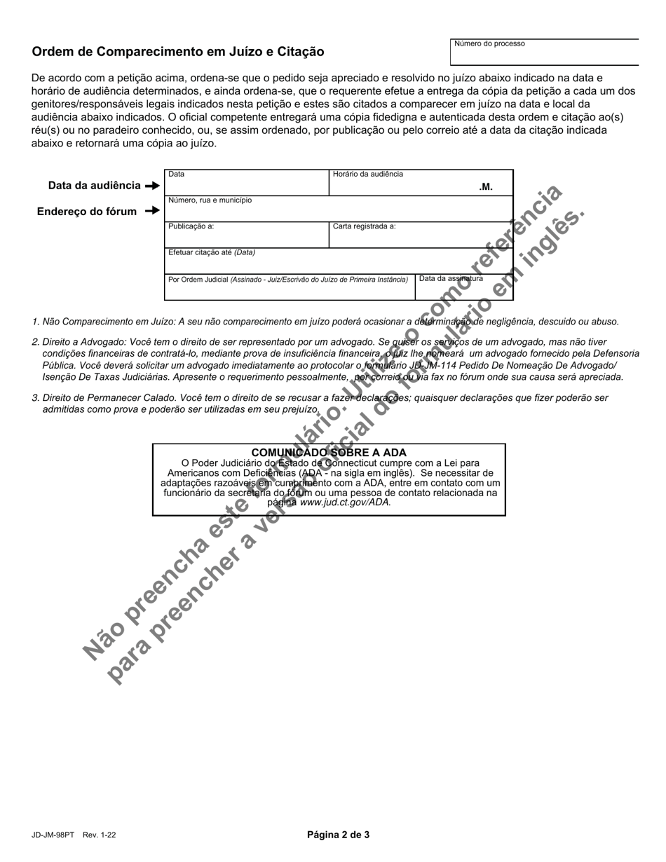 Form JD-JM-98PT Petition: Neglected, Uncared-For, Abused Child / Youth - Connecticut (Portuguese), Page 2