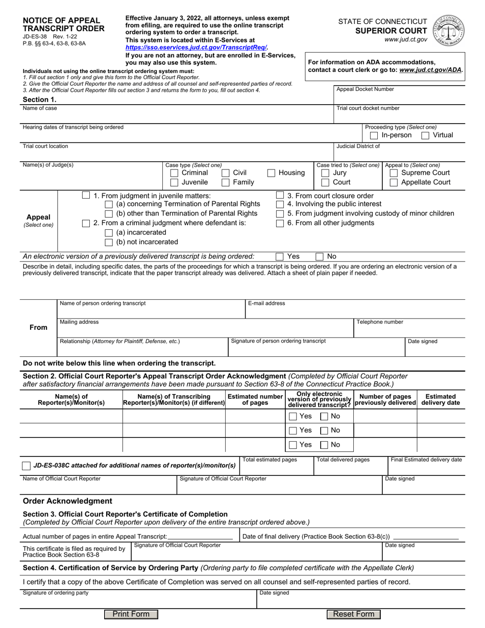 Form JD-ES-38 Notice of Appeal Transcript Order - Connecticut, Page 1