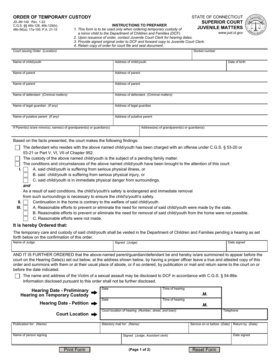 Form JD-JM-149 Order of Temporary Custody - Connecticut, Page 1