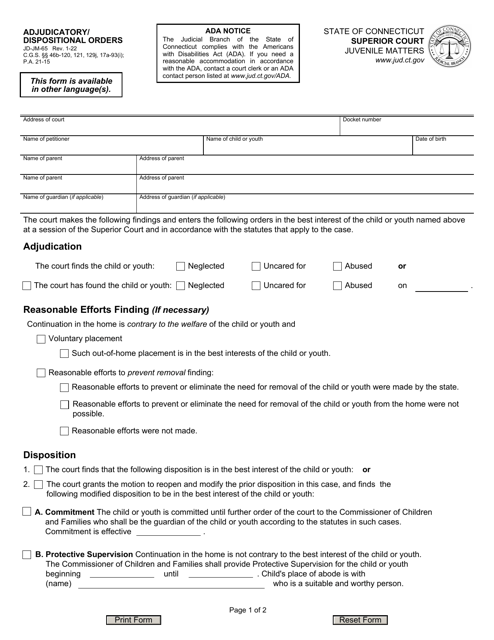 Form JD-JM-65 Adjudicatory/Dispositional Orders - Connecticut