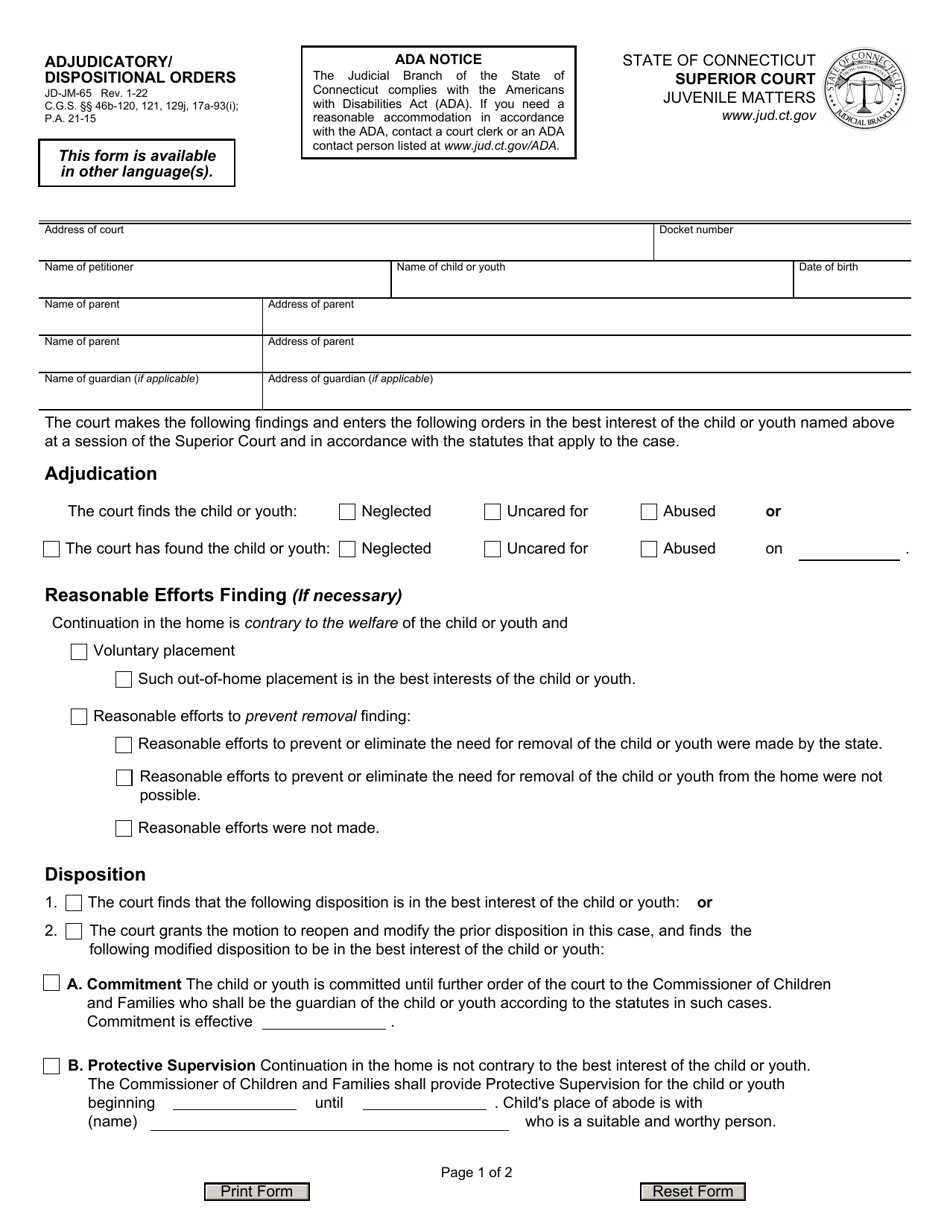 Form JD-JM-65 Adjudicatory / Dispositional Orders - Connecticut, Page 1