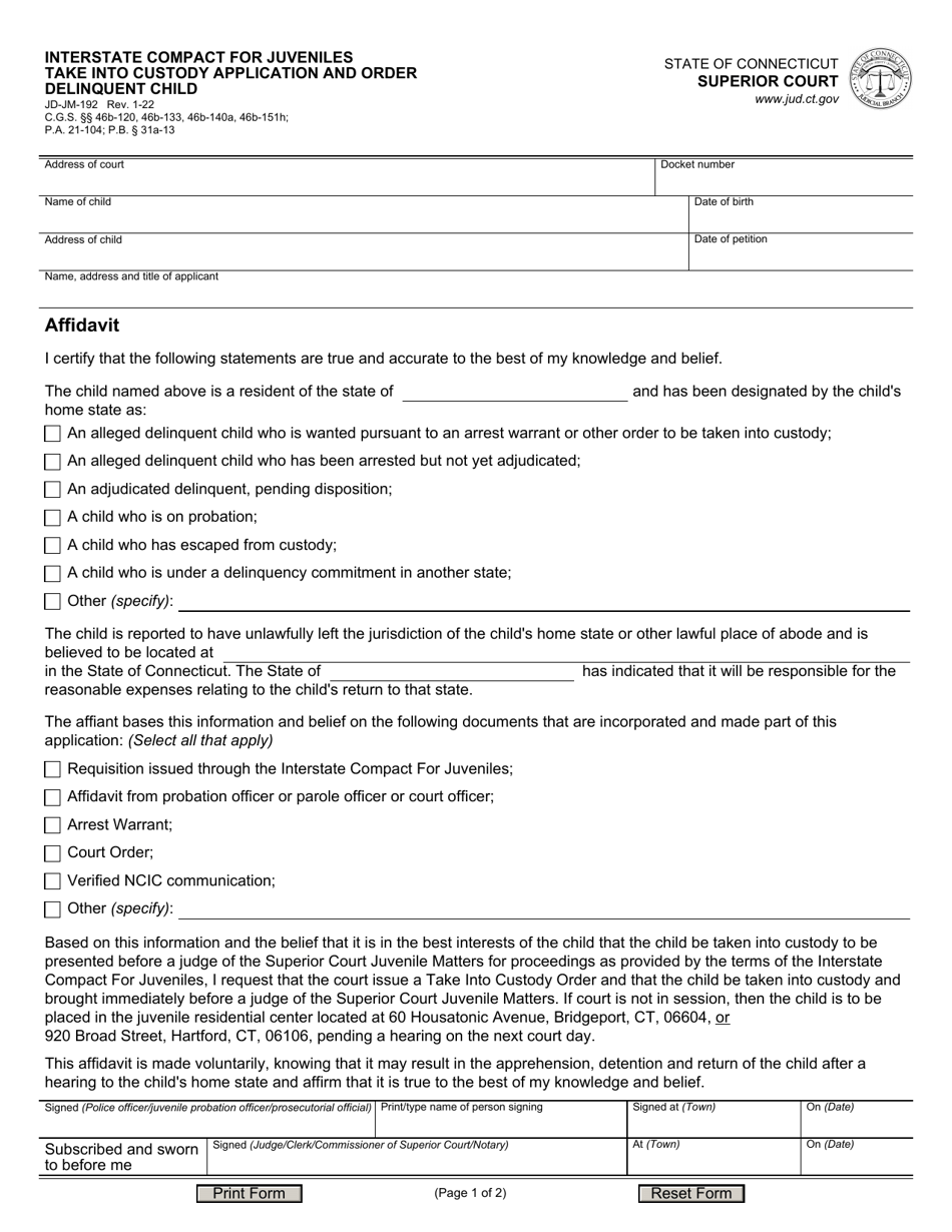 Form JD-JM-192 Interstate Compact for Juveniles Take Into Custody Application and Order Delinquent Child - Connecticut, Page 1