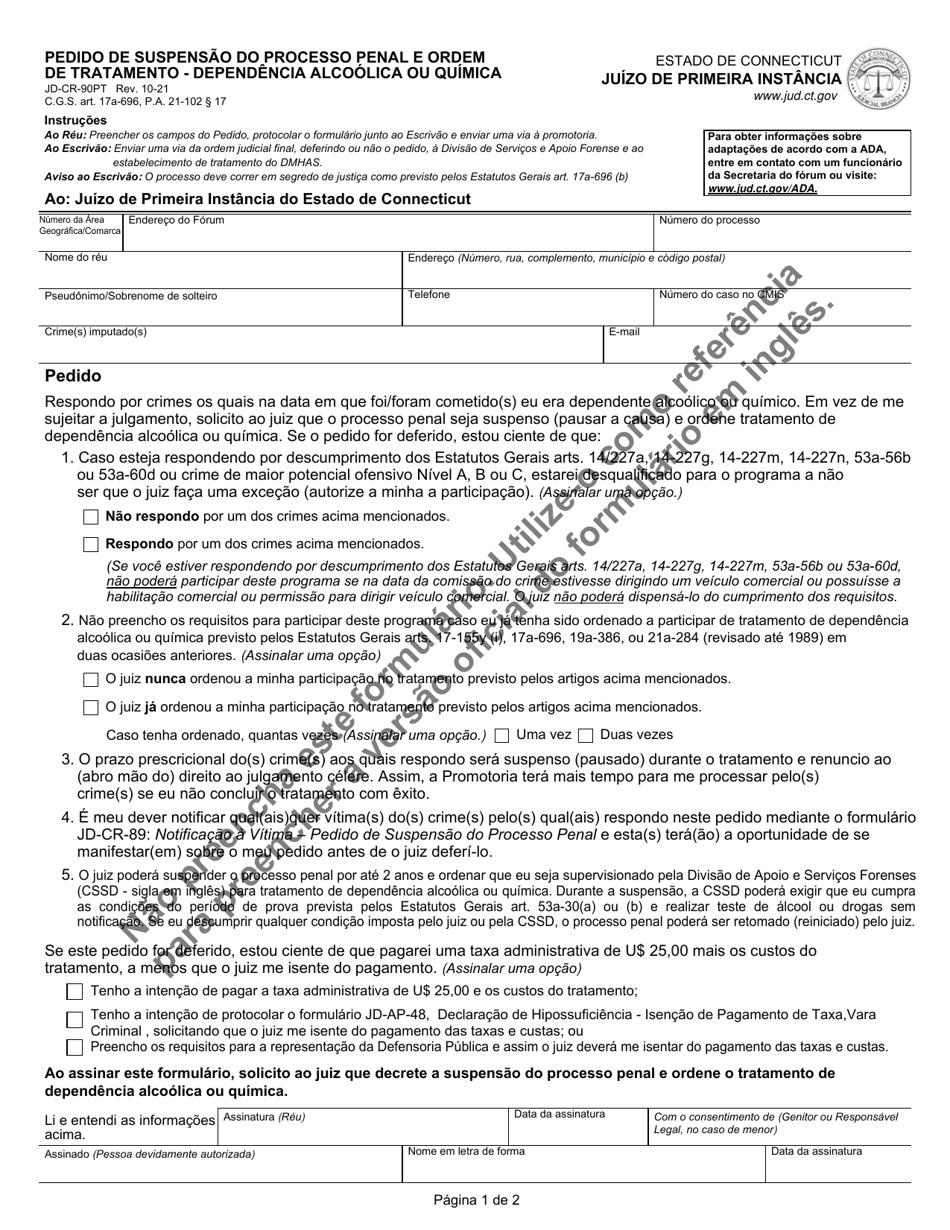 Form JD-CR-090PT Motion for Suspension of Prosecution and Order of Treatment - Alcohol or Drug Dependency - Connecticut (Portuguese), Page 1