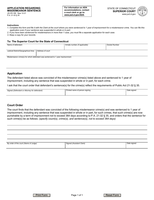 Form JD-CR-188 Application Regarding Misdemeanor Sentence - Connecticut