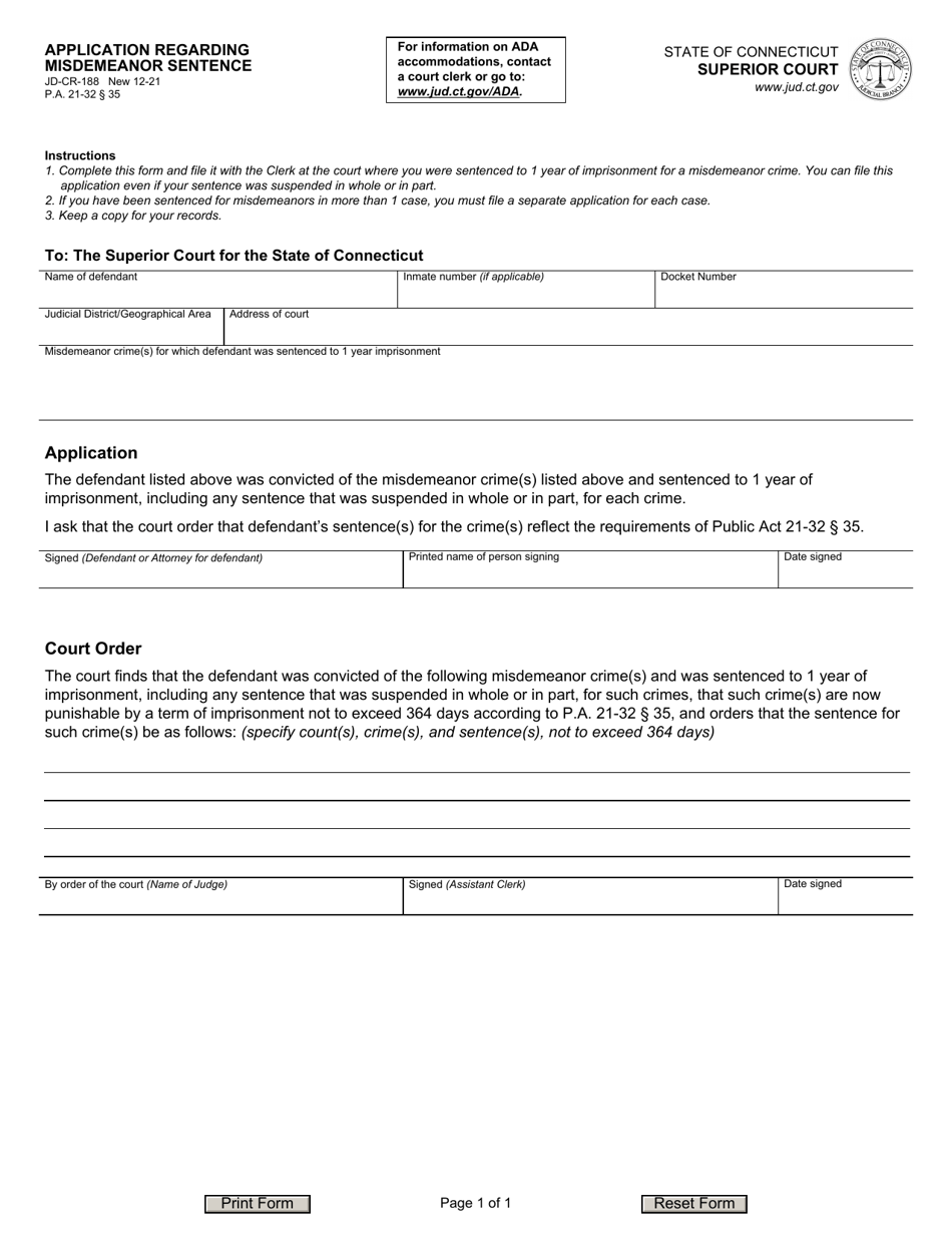 Form JD-CR-188 Application Regarding Misdemeanor Sentence - Connecticut, Page 1