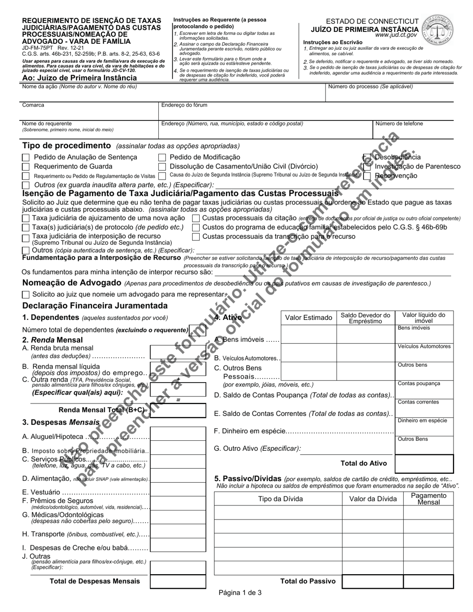 Form JD-FM-075PT Application for Waiver of Fees / Payment of Costs / Appointment of Counsel - Family - Connecticut (Portuguese), Page 1