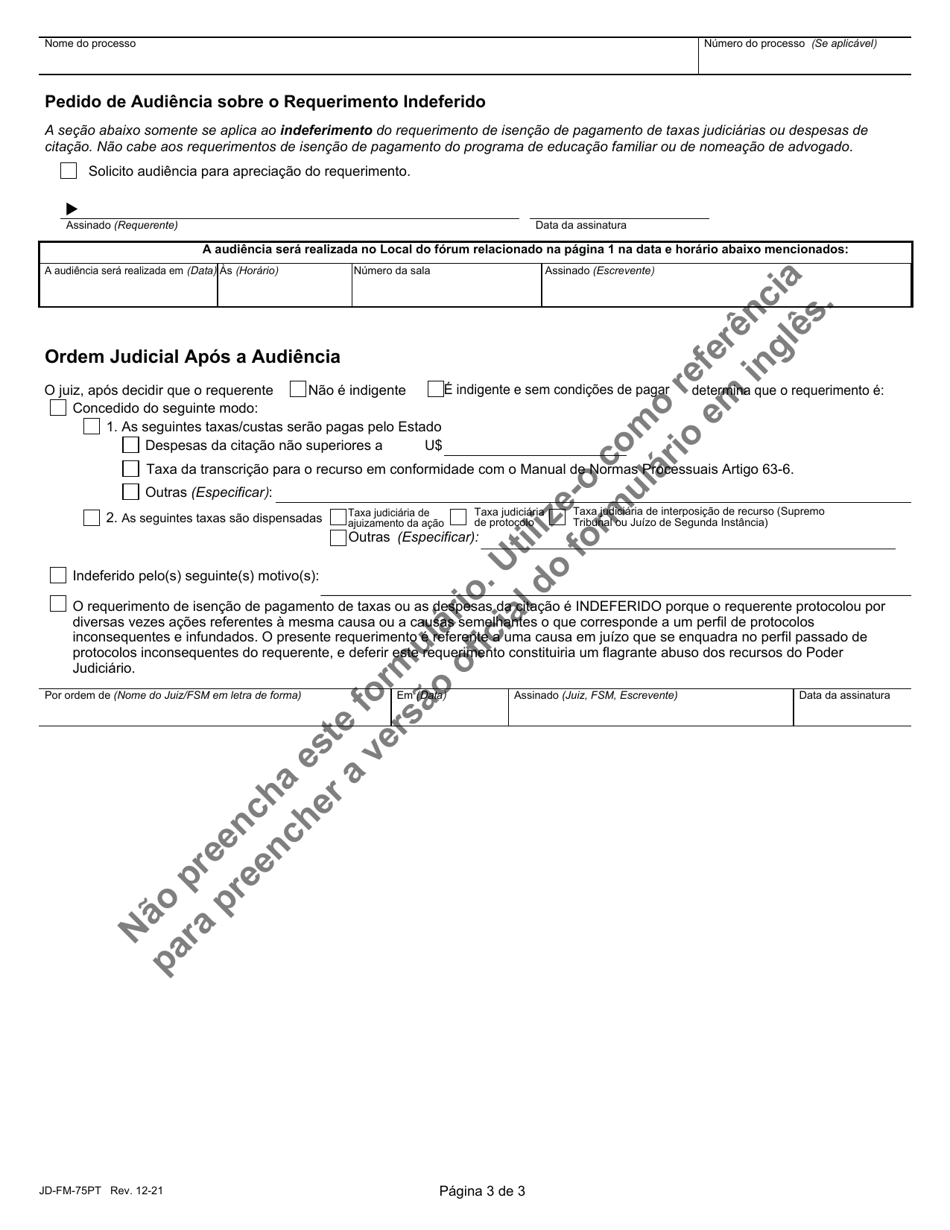 Form JD-FM-075PT Application for Waiver of Fees / Payment of Costs / Appointment of Counsel - Family - Connecticut (Portuguese), Page 3