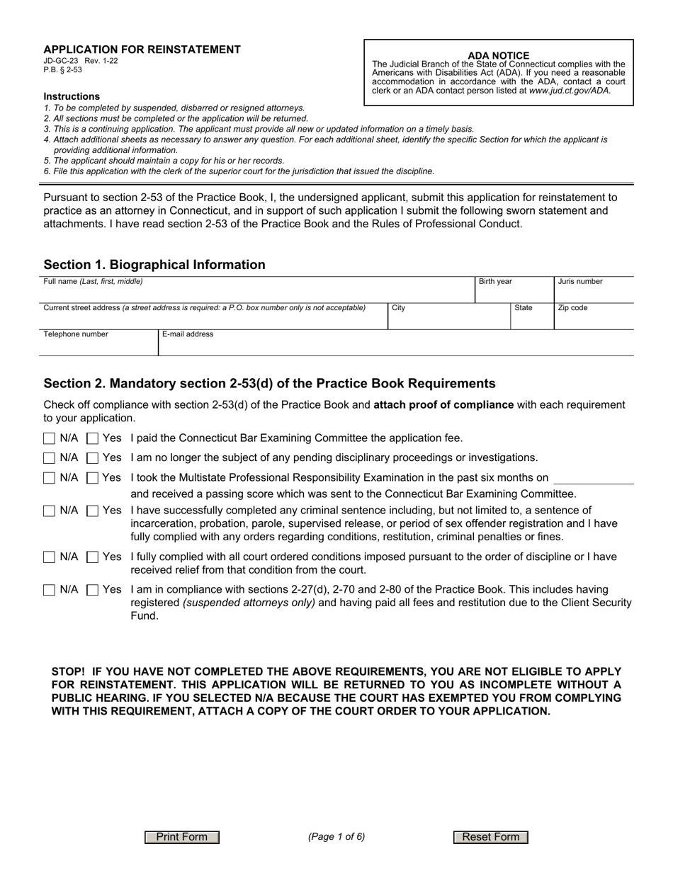 Form JD-GC-23 Application for Reinstatement - Connecticut, Page 1